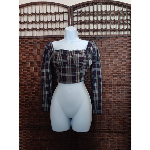 Free People Plaid Bustier Long Sleeve Crop Top - Picture 1 of 2